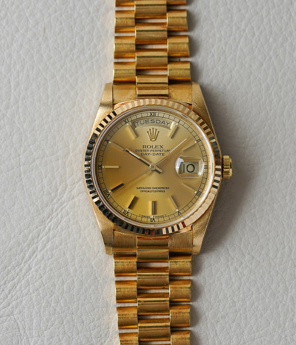 1989 Rolex Day Date 18238 Champagne Stick Dial Belmont Watches